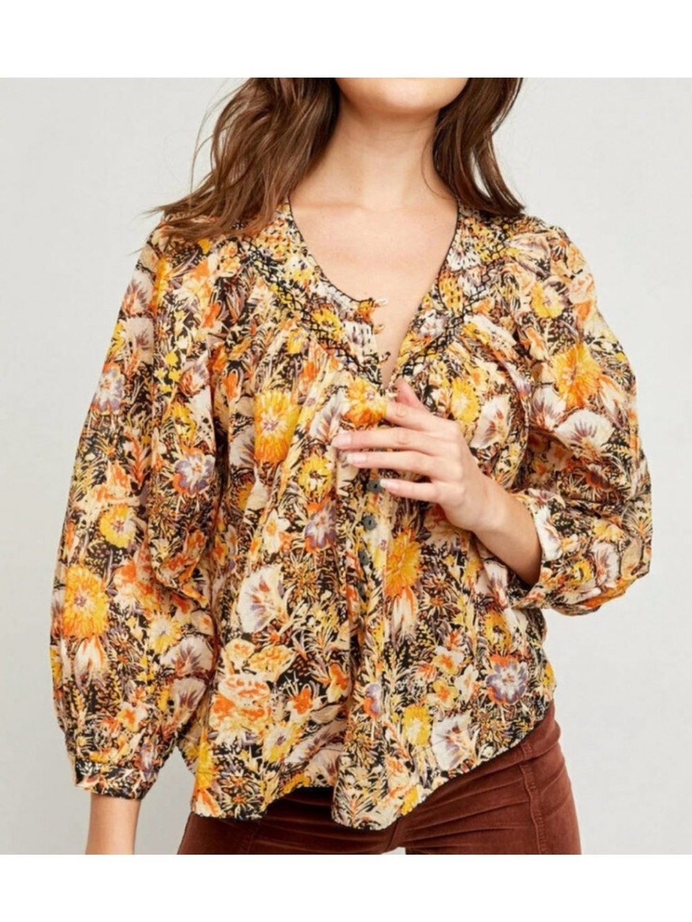 We The Free Cool Meadow Floral Peasant Blouse Yellow Brown Tones Boho Retro